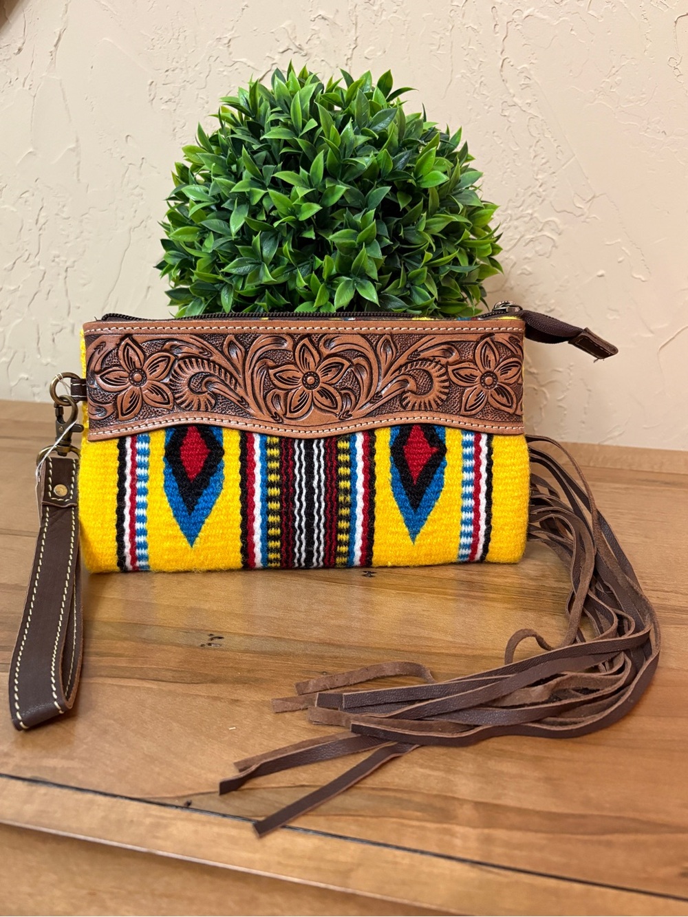 Wristlet Tooled Leather & Yellow Aztec Stripe NWT